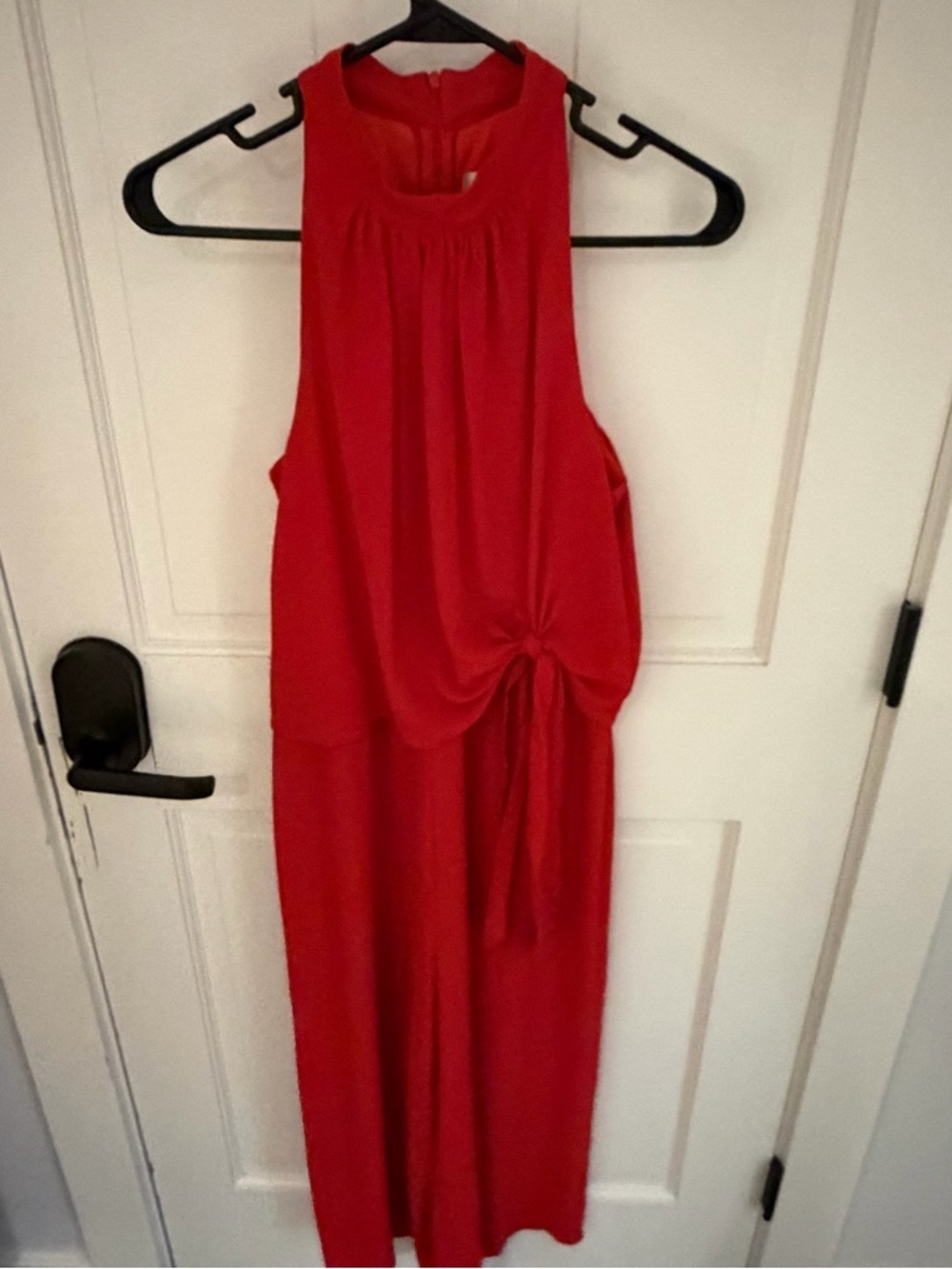 London Times Red Sleeveless Halter Wide-Leg Cropped Jumpsuit - Picture 5 of 8